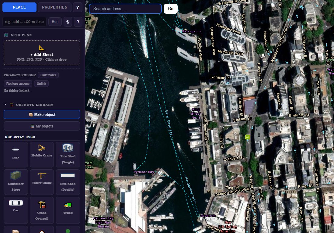 The EasySiteSI planner: a sidebar with site plan upload and an objects library of cranes, site sheds, containers, cars and trucks, beside a live satellite map of a harbourside city area.
