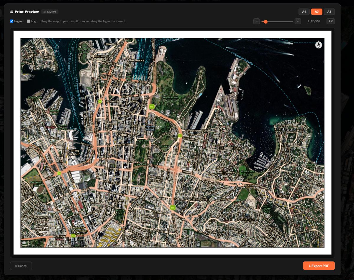 The EasySiteSI print preview dialog showing an A3 sheet of a city satellite map with a north arrow, A1, A3 and A4 size options, legend and logo toggles, and an Export PDF button.